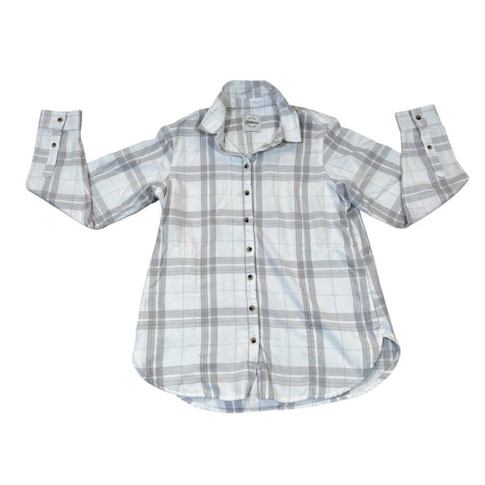 Jachs Girlfriend New York plaid cream & gray long sleeved button down shirt, S.